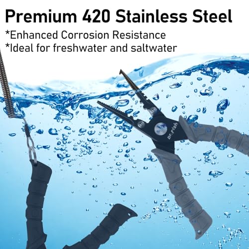 Dr.Fish Fishing Split Ring Pliers Fish Lip Gripper Hook Remover Grey | Freshwater & Saltwater Fishing Tools: 420 Stainless Steel Lip Gripper Hook Remover with PVC Handle, Lanyards and Sheath - color: Grey-6"