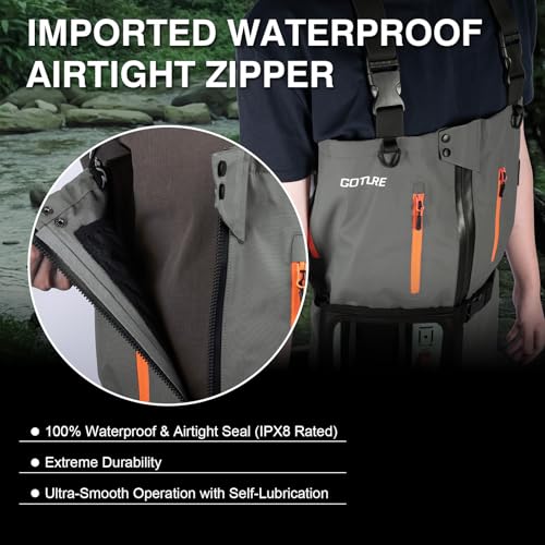 Goture 5-Layer Waterproof Stocking Foot Waders, Breathable Fly Fishing Waders for Men Women, Multiple Storage Pockets 5 Sizes - color: Gray - Chest Zipper - Gift Box Pack, size: Small