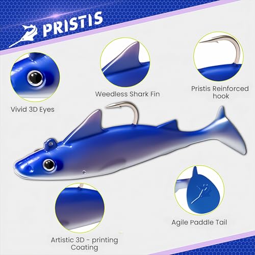 Pristis 6 pcs Sharkita Jig Head Soft Fishing Lures, Plastic Pre-Rigged Paddle Tail Shark Shad Swimbaits, Durable Sinking Worm Bait Set Gear Kit for Saltwater Freshwater Bass Crappie Walleye Trout - color: Spotless Smooth Hound