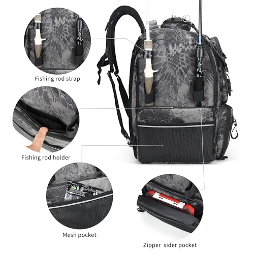 Rabjen Fishing Tackle Backpack, 45L Storage Waterproof Travel Bag Store Fishing Gear with Insulated Top Pocket