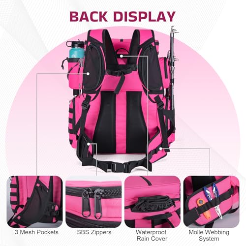Goture Fishing Backpack with Cooler, 66L 600D Tackle Backpack with 3 Rod Holders, Helmet Holder, Rain Cover, Saltwater Large Fishing Bag for Camping Hiking, Gear Storage Bag, Gifts for Men - color: B1:pink(without Tackle Box)
