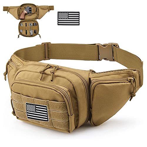 Tactical Fanny Pack Gun Holster Concealed Carry Pistol Military Tactical Waist Bag Waterproof Molle EDC Pouch with USA Flag Patch - color: Tan