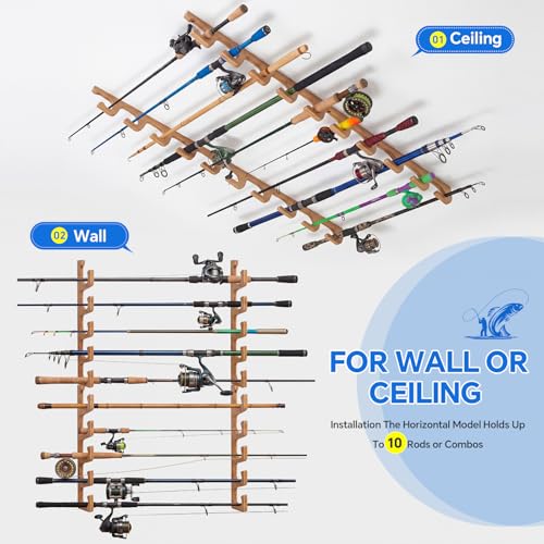 SMMYMGF Wall Mount Fishing Rod Holder,Garage Ceiling Storage Racks | Space-saving garage organization,Scratch-free rod protection,Fast & easy installation,Durable solid wood, Perfect gifts - color: store 10 fishing rods or combos