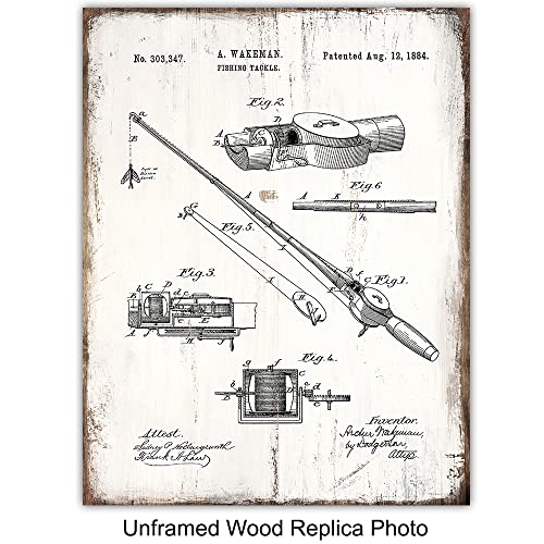 LARGE 11x14 - Fishing Accessories Gifts - Rod, Reel, Lures Patent Print Set - Lake Mountain House Decor for the Home - Rustic Bass, Trout, Freshwater Fish Wall Art - Room Decoration Poster - Fishermen - size: 11x14 inches