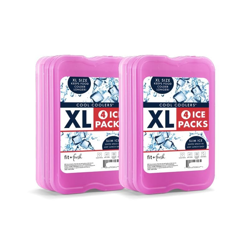Cool Coolers by Fit & Fresh 4 Pack XL Slim Ice Packs, Quick Freeze Space Saving Reusable Ice Packs for Lunch Boxes or Coolers - color: Purple 8 PK