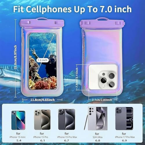 2 Pack Foweroty Floatable Waterproof Phone Pouch Case for iPhone 17 16 Pro Max/15/14/13/12, IP68 Travel Cellphone Dry Bag Beach Cruise Ship Essentials Bags with Crossbody Lanyard, Iridescent Purple-7″ - color: A00-Iridescent Purple 2 Pack