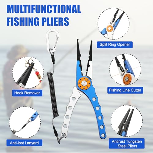 VioraWhite 8 Pieces Fishing Tools Kit Fish Hook Remover Set Include Fishing Pliers Lip Gripper Multifunction Scissors Gloves Towel Keychain Hook for Men Women Gifts - color: Blue