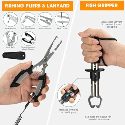 THKFISH 85Pcs Fishing Tool Kit, Fishing Backpack with Tackle Boxes Included, Fishing Tackle Kit Include Fishing Bait Lure Gear Kit, Fishing Pliers, Fish Hook Remover, Lip Gripper - color: Black camouflage