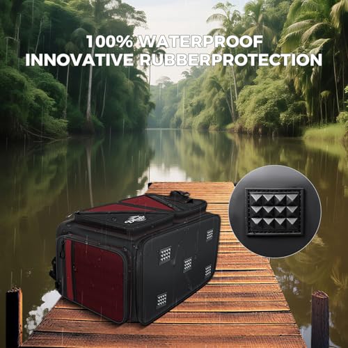 Handor Waterproof Fishing Tackle Bag, Large Saltwater Resistant Storage, 1000D PVC Material, Holds 3600 3700 Trays (Black and Red, Medium Bag) - color: Black and Red, size: Medium Bag