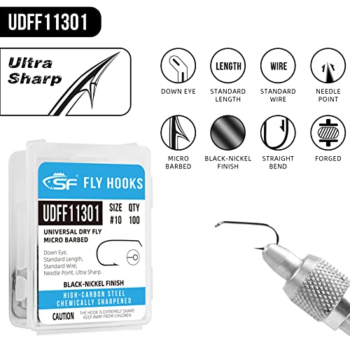 SF Fly Tying Hooks Ultra Sharp High Carbon Steel for Nymphs Wet Traditional Dry Streamers Eggs Jig Poppers Emergers Terrestrial Flies with Mini Box 100Pcs - size: #10 Black Nickel 100Pcs, style: Curved Nymph Scud Pupa Micro Barbed