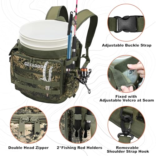Fishing Bucket Backpack with Rod & Plier Holder and Pockets for Fishing, Hunting, Apple Picking for 5 Gallon Bucket (Camo) - color: Camo