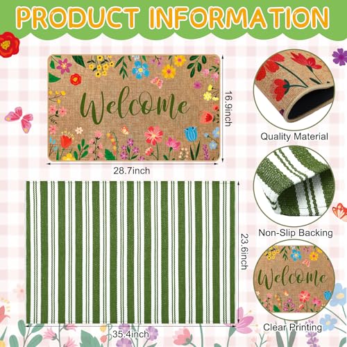 Tinideya 2 Pcs Summer Floral Door Mat Outdoor Wildflower Welcome Doormat for Front Door Linen Rubber Layered Flower Stripes Doormat Non Slip Summer Rugs for Porch Entryway Outside Floor Decor - size: 16 x 28 Inch,24 x 35 Inch, style: Welcome