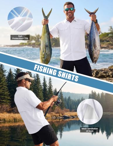 WULFUL Men's Sun Protection Fishing Shirts UPF 50+ Lightweight Quick Dry Cooling Short Sleeve Shirts for Work Hiking Safari - color: White, size: Medium