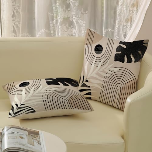 Boho Black Pillow Covers 18x18 Inch Set of 2 Black BeigeTropical Leaf Decor Mid Century Throw Pillows Outdoor Bohemian Modern Decorative Pillowcase Farmhouse Linen Cushion Case for Couch Sofa - color: Black-mid Century 2, size: 18" x 18" (Pack of 2)