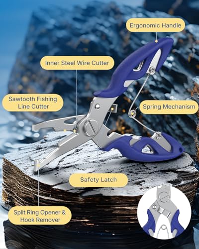 Pawfly 250 Pcs Split Rings and Split Ring Pliers, 5 Sizes Fishing Split Rings & Fishing Pliers Kit for Fishing, Fishing Lure Connectors, Stainless Steel Split Rings for Saltwater & Freshwater - color: Blue
