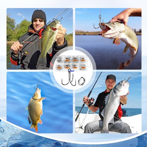 UCEC Fishing Hooks Treble Hooks Kit for Saltwater Freshwater, High Carbon Steel Strong Sharp Round Bend for Catfish Trout Hard Baits Lures, Size #1#2#4#6#8#10#12#14 110/50/210 Pack with Split Rings - style: 100pcs Split Rings & 110pcs Silver Hooks, #1 #2