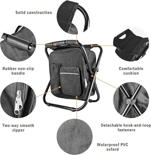 Kikerike Backpack Stool Cooler Chair Heavy Duty 300 LBS Max Load Portable Lightweight Folding Fishing Cooler for Camping Hunting Fishing - Black - color: Black