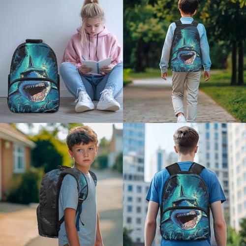 Shark Backpack and Lunch Box Set 4 PCS Schoolbag Book Bag with Insulated Lunch Bag Box Pencil Case Water Bottle Holder Carrier Sling Bag - color: Shark