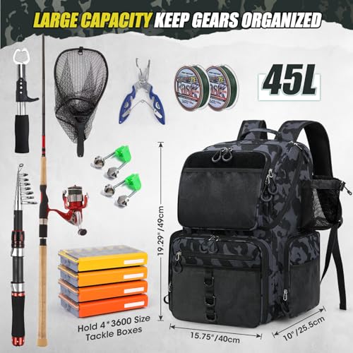 RAINSMORE 45L Fishing Backpack with Rod Holders & Rain Cover Large 900D Water-resistant Fishing Tackle Bag Store Fishing Gear - color: Black Blue Camouflage