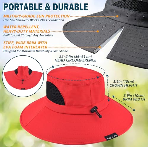 Wide Brim Sun Bucket Hat, Waterproof Boonie Hat for Men & Women | UPF 50+ UV Protection, Adjustable Fit, Chin Strap & Sweatband, Foldable Durable for Fishing Hiking Garden Beach - color: 01 Red