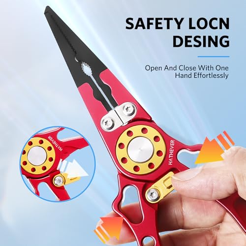 Fishing Pliers Saltwater, Split Ring Pliers Hook Remover with Safety Lock, Fishing Tools with Sheath and Lanyard, Fishing Gifts for Men - color: Red