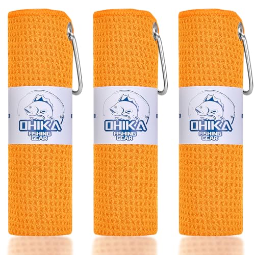 Microfiber Fishing Towels with Clip, Waffle Pattern for Effective Cleaning of Fishing Gears or Dirty Hands, 16” x 16”, Camping Towels, Hiking Towels, Pack of 3 (Orange) - color: Orange