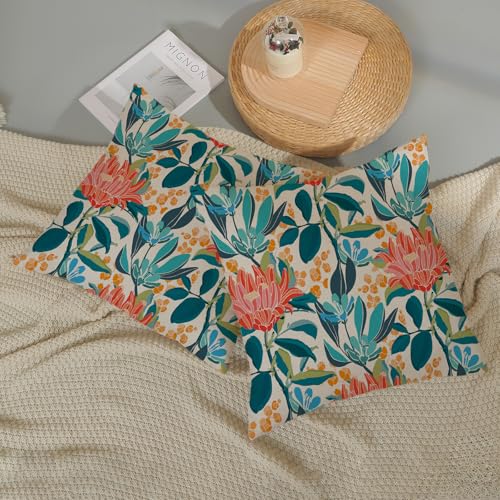 Boho Outdoor Pillow Covers 16x16 Inch 2 Pcs Aqua Teal Coral Colorful Leaf Floral Decor Throw Pillows Vintage Flower Botanical Seasonal Decoration Pillowcase Linen Cushion Cover for Couch Sofa - color: Boho Teal Floral, size: 16" x 16" (Pack of 2)