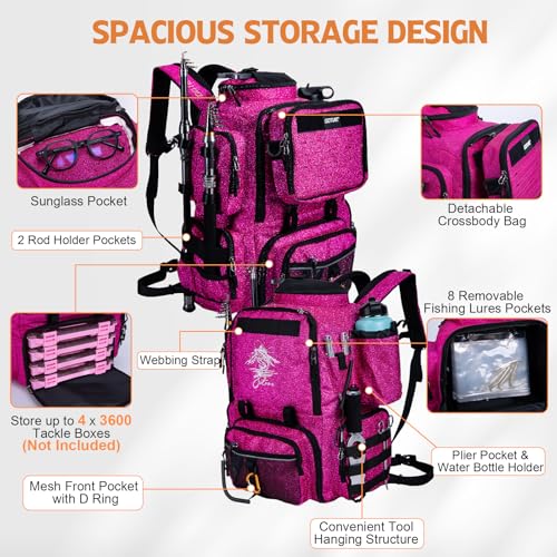 Goture Fishing Backpack, 900D Water-Resistant Tackle Backpack with Rod Holders, 58L Large Storage Gear Fishing Tackle Bag with Detachable Crossbody Bag,8 Lure Pockets,Bottle Holder for Camping Hiking - color: Bling Pink