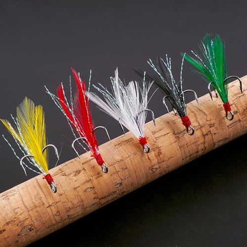 Feathered Treble Fishing Hooks, 120pcs Round Bend Treble Hooks with Split Rings for Making Fishing Lures Spinner Spoon Crankbait Feather Triple Hook Replacement for Saltwater Freshwater