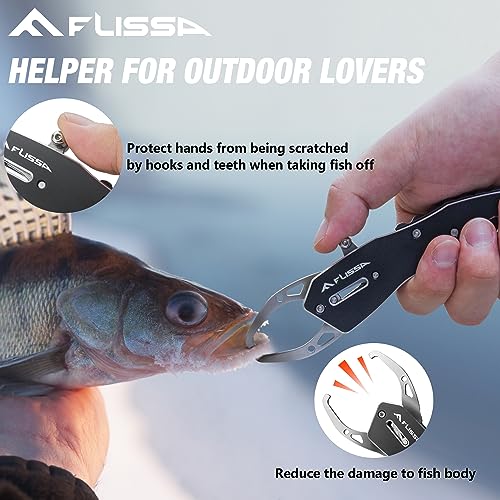FLISSA Fish Gripper, Fish Lip Grip Tool with Carabiner and Spring Anti-Lost Rope, Durable Stainless Steel Fish Grabber Gripper, Lightweight Holder for Fishing, Corrosion Resistant & Portable - size: 7''