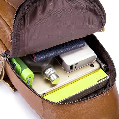 Hebetag Leather Sling Bag Crossbody Backpack for Men Women Outdoor Travel Work Shoulder Chest Pouch Camping Casual Daypack Brown 18cm(W) x8cm(D) x30cm(H)(7.08"x3.14"x11.81") approx; - color: #08brown