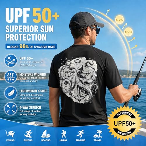 Riverruns Men's Fishing Shirt Short Sleeve UPF 50+ UV Sun Protection T-Shirt Rash Guard Swim Shirt #1024 - color: Black / Octopus, size: Medium
