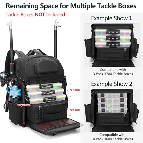 Rexmica 35L Fishing Tackle Backpack Bag with Cooler, Fishing Rod Bag Holds 2 Rods & Reels for Tackle Boxes or Other Fishing Gear, Fishing Pole Backpack, Black