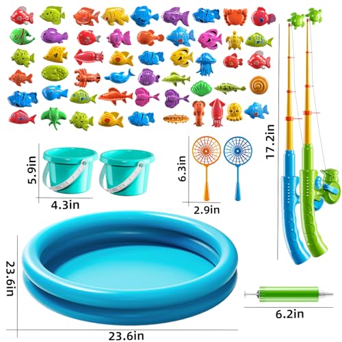 NIPLOOOW Pool Fishing Toys Games, Water Table Bathtub Toy with Inflatable Pool Pole Rod Net Plastic Floating Fish, Birthday Gifts for Kids Age 3 4 5 6 Year Old,Kids Outdoor Toys - style: 60PCS + Large Fishing Pool