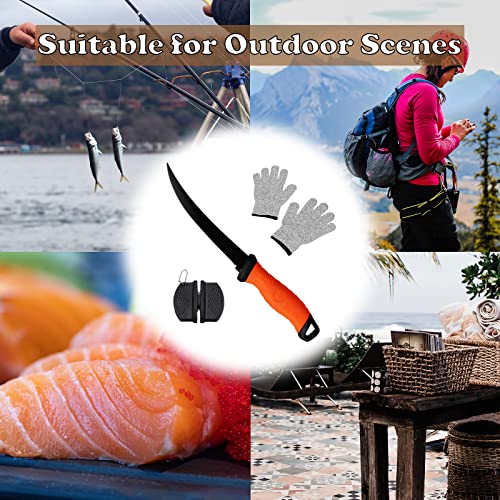 Fish Fillet Knife, 7 Inches Professional Fishing Fillet Knife Set Stainless Steel Blade in Corrosion Resistant Coating, with Sharpener and Cutting Resistant Gloves, for Fishing and Outdoor, Orange - color: Orange