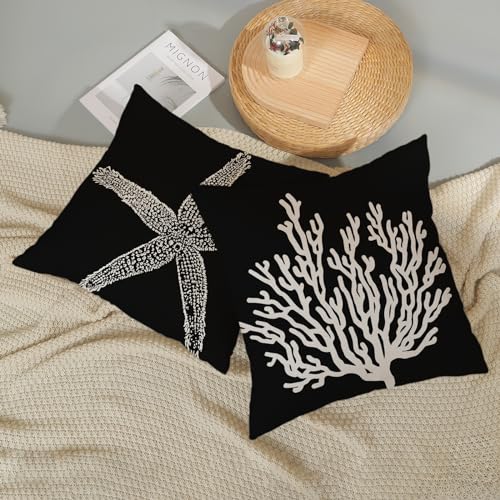 Coastal Pillow Covers 18x18 Set of 2 Black Starfish Throw Pillows Nautical Ocean Decorations Summer Beach Coral Pillowcase Outdoor Decor Linen Farmhouse Square Cushion Case for Sofa Bedroom - color: Black Starfish Coral, size: 18" x 18" (Pack of 2)