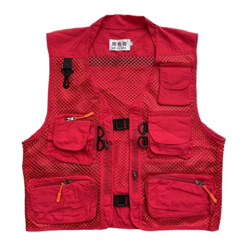 Men Mesh Breathable Multi-Pocket Vest Outdoor Travelers Fly Fishing Photography - color: Red, size: Medium