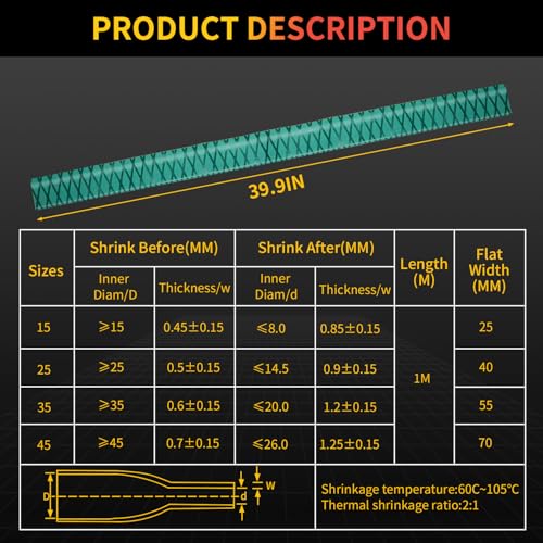 Heat Shrink tubing, Long 3.2 ft, Big Size 15-45mm, Insulation Non-Slip Waterproof (Green, 35mm) - color: Green, size: 35