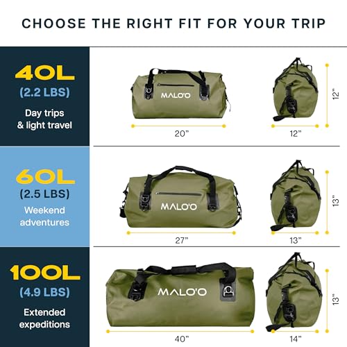 Malo’o Waterproof Dry Duffel, Heavy-Duty Roll Top Waterproof Gear Bag with Shoulder Strap & Molle Loops, Marine Duffel for Kayaking, Boating, Camping, Beach & Travel, Dark Green, 40L - color: Dark Green, size: 40L