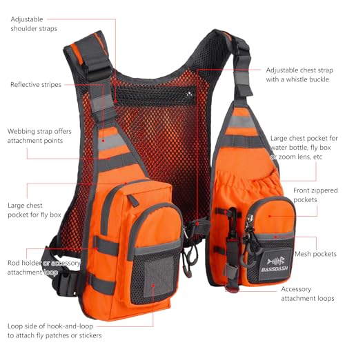 BASSDASH FV08 Ultra Lightweight Fly Fishing Vest for Men and Women Portable Chest Pack - color: Orange