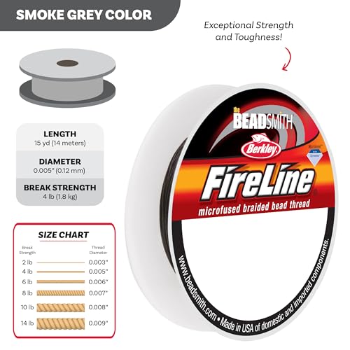 The Beadsmith Fireline by Berkley – Micro-Fused Braided Thread – 4lb. Test, .005”/.12mm Diameter, 15 Yard Spool, Smoke Grey – Super Strong Stringing Material for Jewelry Making and Bead Weaving - color: Smoke Grey, size: 4lb, .005”, 15 yard