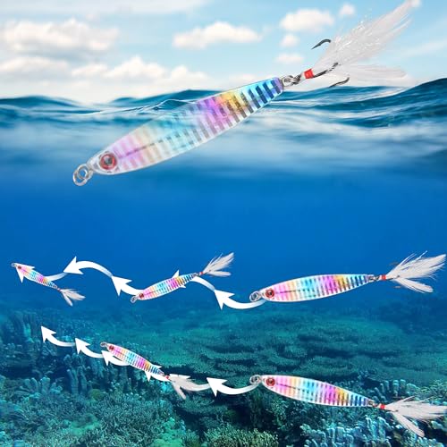 Hard Metal Jigs Fishing Spoon Lures, 5pcs Saltwater Jigging Spoons with Feather Treble Hook Fishing Jigs Casting Spoon for Freshwater Bass Striper Mackerel Halibut - size: 5pcs-40g(3/2oz)