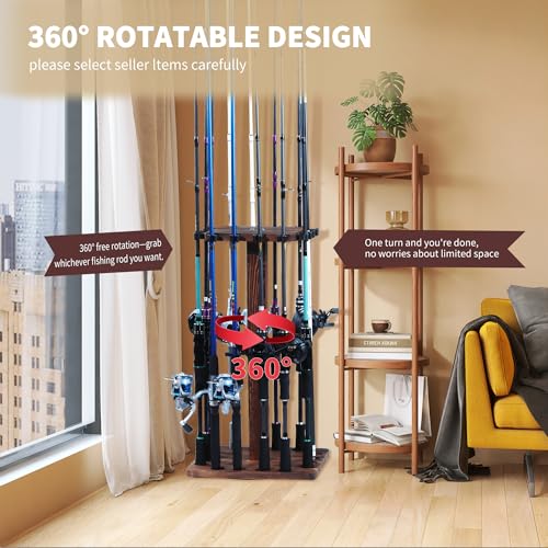 360° Rotating Fishing Rod Holder, Natural Wooden Fishing Pole Rack Stores 16 Rods, Floor-Standing Fishing Rod Storage Organizer with Rounded Clips for Garage, Basement, or Shed, Easy to Install - size: Square