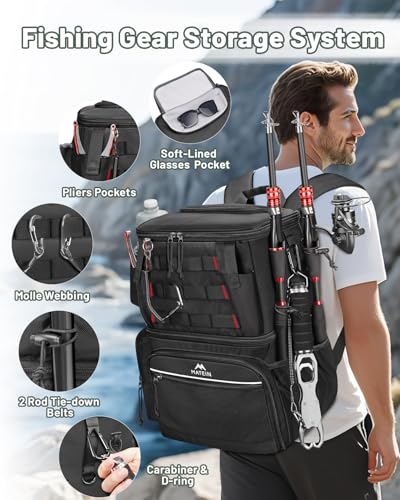 MATEIN Fishing Backpack with 4 Tackle Boxes, Fishing Bag with Rod Holder & Safety Compass & Cooler, Gifts for Fishermen - color: Black
