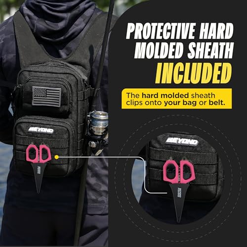 Beyond Fishing 6.5" Pro Fishing Shears Dual Serrated Blades, Fishing Braided Line Scissors with Titanium Coating, Non-Slip Grip & Multifunction Tool, Includes Hard Molded Locking Sheath - color: Pro - Pink