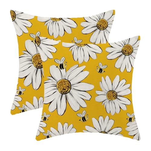 Summer Pillow Covers 16x16 Inch Set of 2 Yellow Background White Floral Bee Throw Pillows Outdoor Decorative Spring Floral Bee Pillowcases Linen Cushion Cases for Bed Sofa Couch - color: Yellow Sunflower Bee, size: 16" x 16" (Pack of 2)