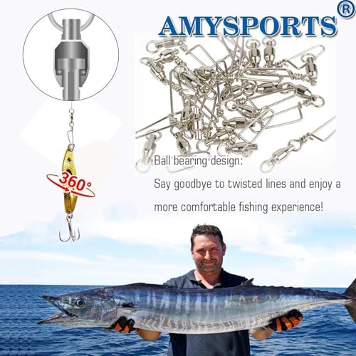 AMYSPORTS High Strength Fishing Snap Swivels - Stainless Steel Ball Bearing Swivels - Saltwater & Freshwater Fishing - size: Size 3+3 (77lb) 25 pcs