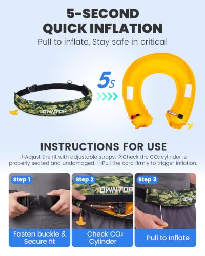 Owntop Manual Inflatable Belt Pack, Adults Swim Jacket with Blowpipe & Whistle, 24g CO2 Cylinder Included, Low Profile for Kayaking, Fishing, Paddle Sports - color: Army Green, size: One Size