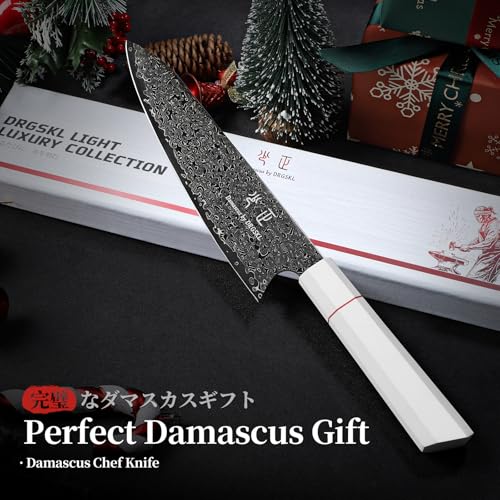 DRGSKL Damascus Chef Knife 8 Inch - VG10 Kitchen Knife for Meat Cutting - Japanese G10 Handle - Sharp Cooking Knives for Vegetables and Fruit - with Gift Box - size: 8.1 inch