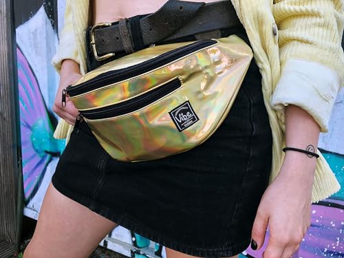 Vibe Festival Gear Rave Fanny Pack for Women Men – Festival, 4 Pockets, Adjustable Strap, Cute Waist Bag, Crossbody Belt Bag, Hiking, Running, Cycling - color: Gold, size: Fits Most